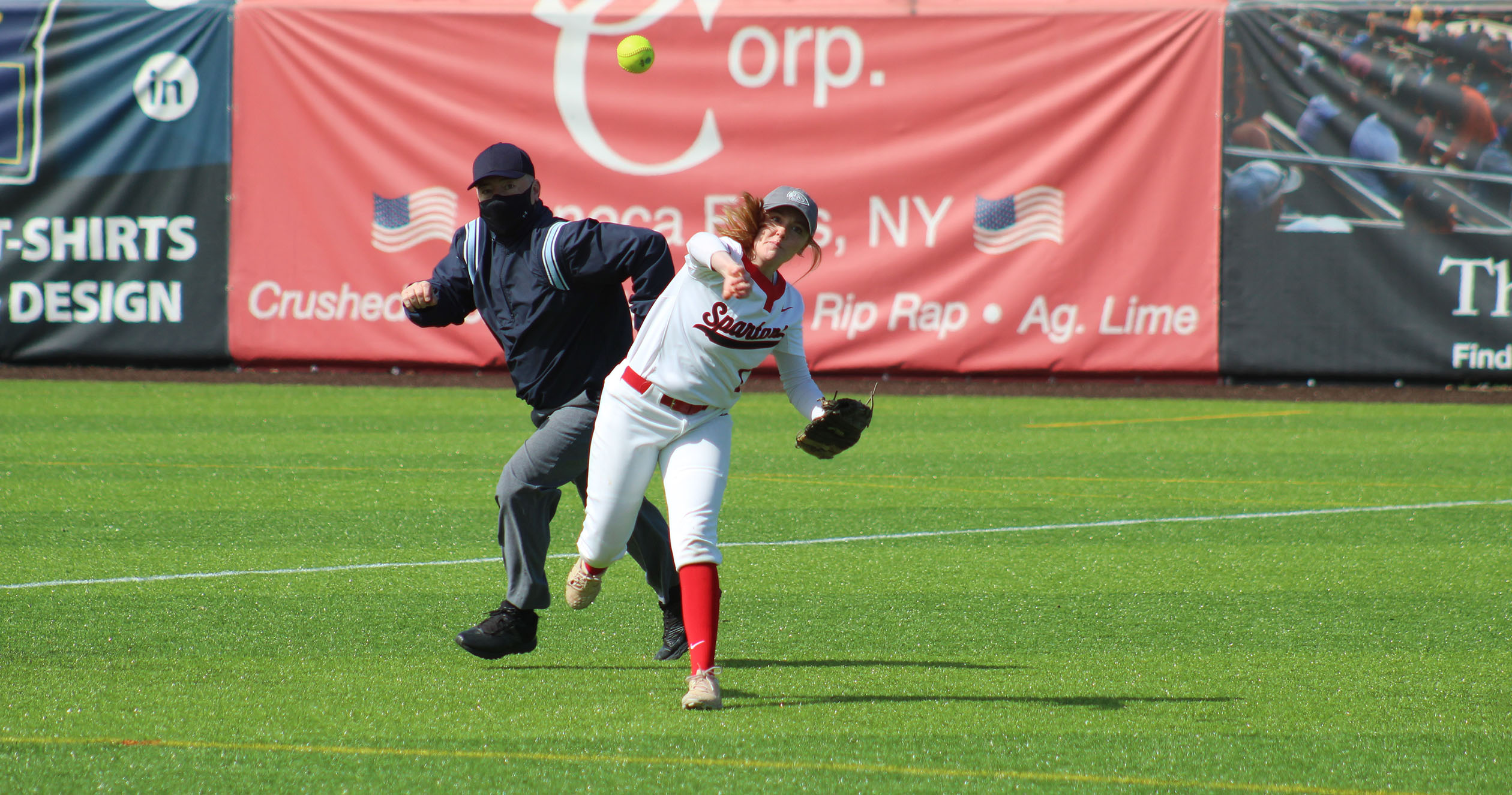 Spartans shortstop Gabriella Bard throws to first in Cayuga's 11-2 loss to Jefferson on Saturday, April 3.