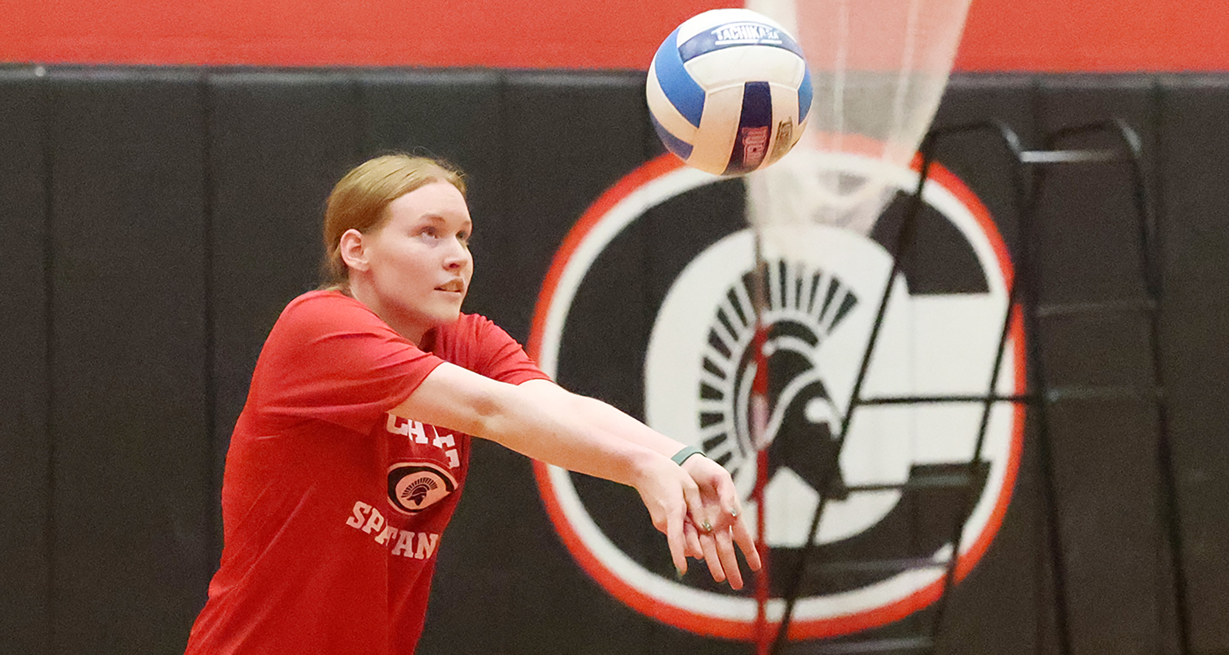 Paige Lane had 12 aces in a 3-2 Spartans win against Tompkins Cortland Community College on Saturday.